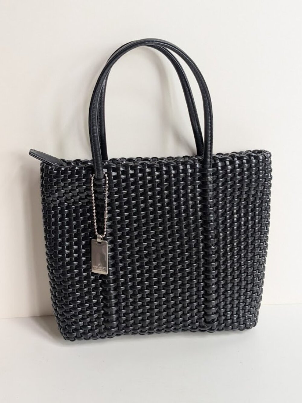 Vintage Nine West Black Woven Handbag Purse Double Handle Boho Chic